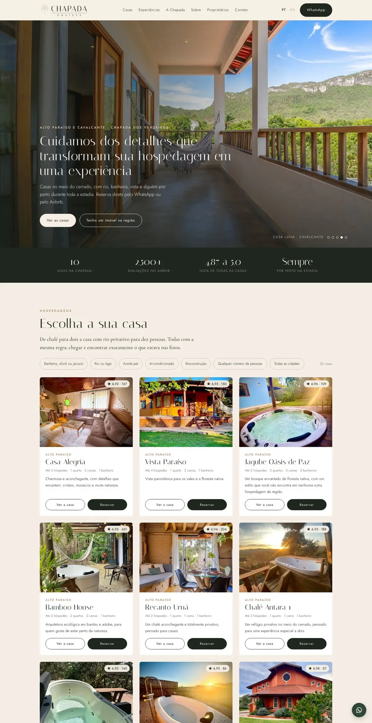Site da Chapada Hostess, com as casas e o filtro