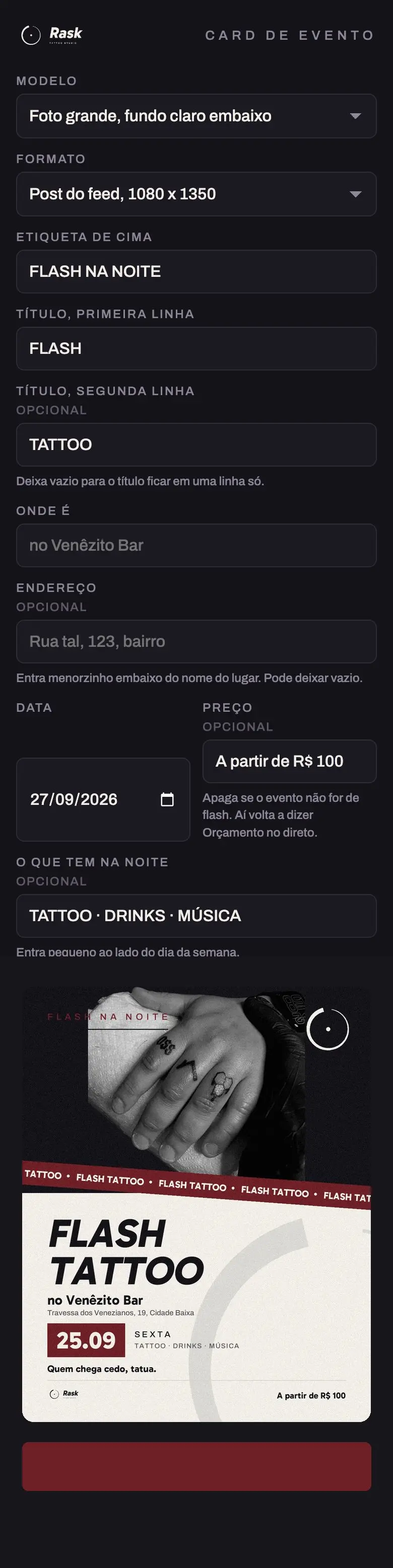 Montador do card de evento, no celular