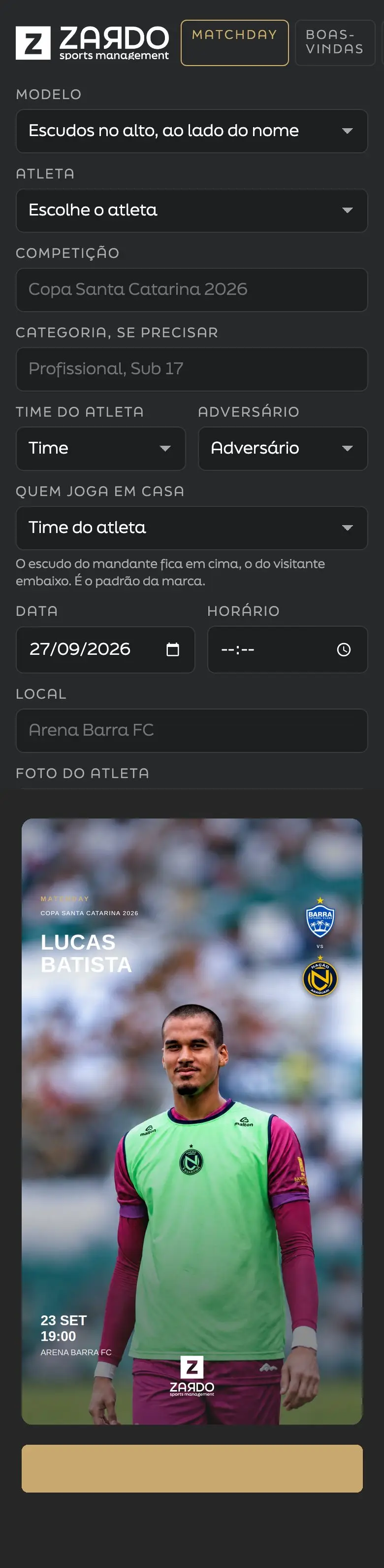 Montador de dia de jogo, no celular